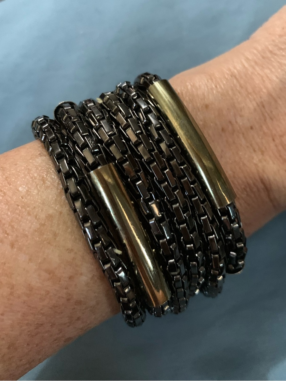 Set of 6 Stacked Hematite Chain Wrap Bracelet with Gold Bars on Stretch Band